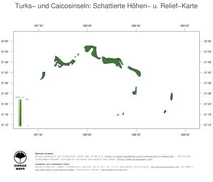Karte: Landkarte Turks- und Caicosinseln (Staatsgrenzen und Hauptstadt): farbkodierte Topographie, schattiertes Relief