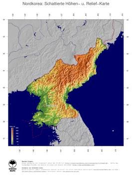 Karte: Landkarte Nordkorea (Staatsgrenzen und Hauptstadt): farbkodierte Topographie, schattiertes Relief
