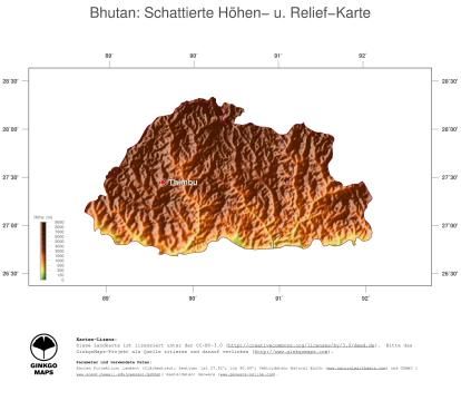 Karte: Landkarte Bhutan (Staatsgrenzen und Hauptstadt): farbkodierte Topographie, schattiertes Relief