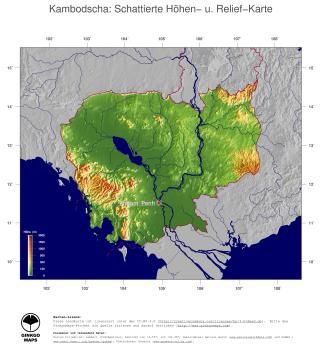 Karte: Landkarte Kambodscha (Staatsgrenzen und Hauptstadt): farbkodierte Topographie, schattiertes Relief