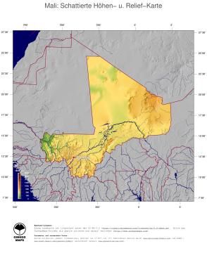 Karte: Landkarte Mali (Staatsgrenzen und Hauptstadt): farbkodierte Topographie, schattiertes Relief