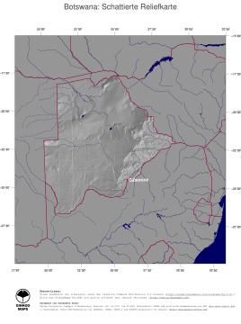 Karte: Landkarte Botswana (Staatsgrenzen und Hauptstadt): schattiertes Relief