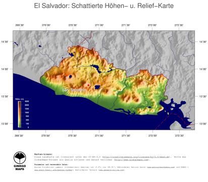 Karte: Landkarte El Salvador (Staatsgrenzen und Hauptstadt): farbkodierte Topographie, schattiertes Relief