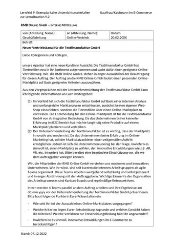 Unterrichtsplanung: LS 9.2 Entscheidung für einen neuen Online-Vertriebskanal | Einstiegsszenario