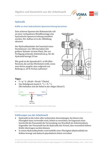 Arbeitsblatt: Hydraulik | Kräfte an einer hydraulischen Spannvorrichtung berechnen (DOCX)