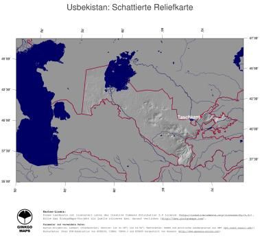 Karte: Landkarte Usbekistan (Staatsgrenzen und Hauptstadt): schattiertes Relief