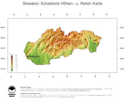 Karte: Landkarte Slowakei (Staatsgrenzen und Hauptstadt): farbkodierte Topographie, schattiertes Relief