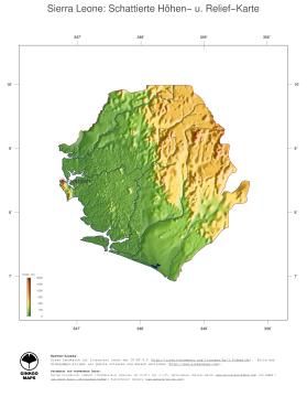 Karte: Landkarte Sierra Leone (Staatsgrenzen und Hauptstadt): farbkodierte Topographie, schattiertes Relief