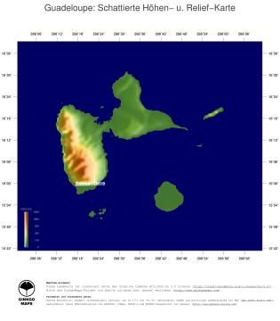 Karte: Landkarte Guadeloupe (Staatsgrenzen und Hauptstadt / schattiertes Relief, farbkodierte Topographie)