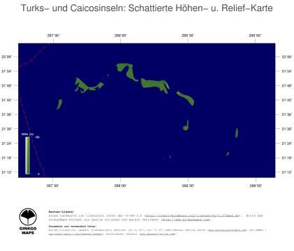Karte: Landkarte Turks- und Caicosinseln (Staatsgrenzen und Hauptstadt): farbkodierte Topographie, schattiertes Relief