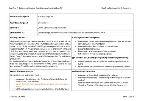 Unterrichtsplanung: LS 9.2 Entscheidung für einen neuen Online-Vertriebskanal | Dokumentation und Gestaltung