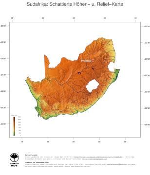 Karte: Landkarte Südafrika (Staatsgrenzen und Hauptstadt): farbkodierte Topographie, schattiertes Relief