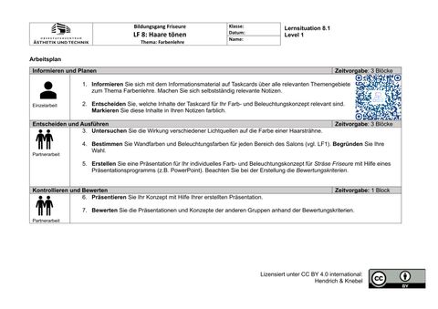 Unterrichtsplanung: Arbeitsplan der Lernsituation „Haare tönen“