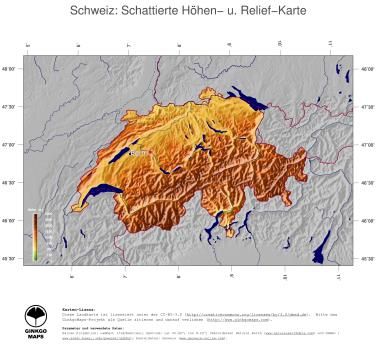 Karte: Landkarte Schweiz (Staatsgrenzen und Hauptstadt): farbkodierte Topographie, schattiertes Relief