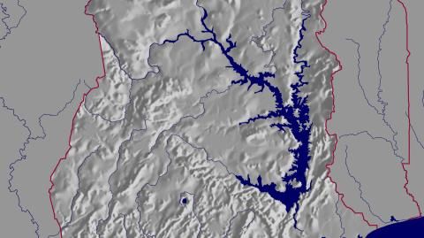 Karte: Landkarte Ghana (Staatsgrenzen und Hauptstadt): schattiertes Relief