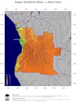 Karte: Landkarte Angola (Staatsgrenzen und Hauptstadt): farbkodierte Topographie, schattiertes Relief