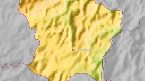 Karte: Landkarte Luxemburg (Staatsgrenzen und Hauptstadt): farbkodierte Topographie, schattiertes Relief