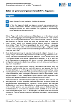 Arbeitsblatt: Modul 3 | Arbeitsblatt 6 "Sollen wir generationengerecht handeln? Pro-Argumente"