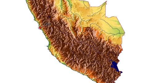 Karte: Landkarte Peru (Staatsgrenzen und Hauptstadt): farbkodierte Topographie, schattiertes Relief