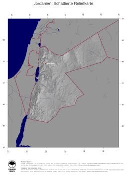 Karte: Landkarte Jordanien (Staatsgrenzen und Hauptstadt): schattiertes Relief