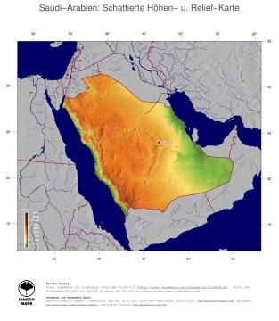 Karte: Landkarte Saudi Arabien (Staatsgrenzen und Hauptstadt): farbkodierte Topographie, schattiertes Relief