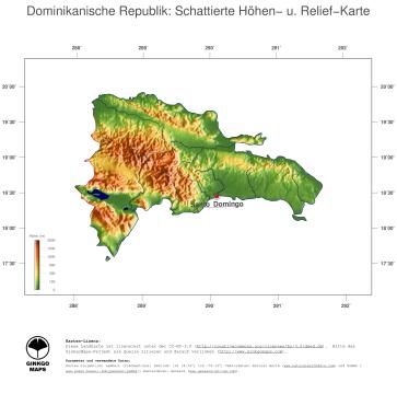 Karte: Landkarte Dominikanische Republik (Staatsgrenzen und Hauptstadt): farbkodierte Topographie, schattiertes Relief