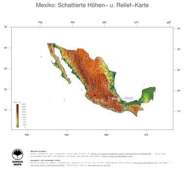 Karte: Landkarte Mexiko (Staatsgrenzen und Hauptstadt): farbkodierte Topographie, schattiertes Relief