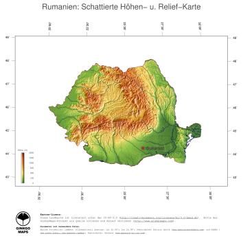 Karte: Landkarte Rumänien (Staatsgrenzen und Hauptstadt): farbkodierte Topographie, schattiertes Relief