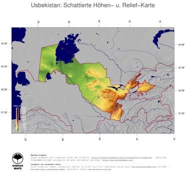 Karte: Landkarte Usbekistan (Staatsgrenzen und Hauptstadt): farbkodierte Topographie, schattiertes Relief