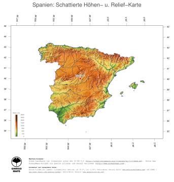 Karte: Landkarte Spanien (Staatsgrenzen und Hauptstadt): farbkodierte Topographie, schattiertes Relief