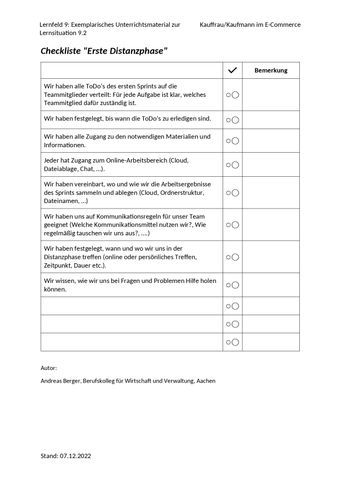 Unterrichtsplanung: LS 9.2 Entscheidung für einen neuen Online-Vertriebskanal | Checkliste „Erste Distanzphase“
