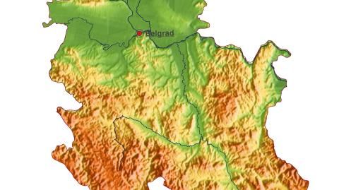 Karte: Landkarte Serbien (Staatsgrenzen und Hauptstadt): farbkodierte Topographie, schattiertes Relief