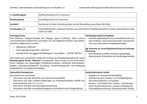 Unterrichtsplanung: LS 2.2 Produktpräsentation im Online-Vertriebskanal vorbereiten | Dokumentation und Gestaltung
