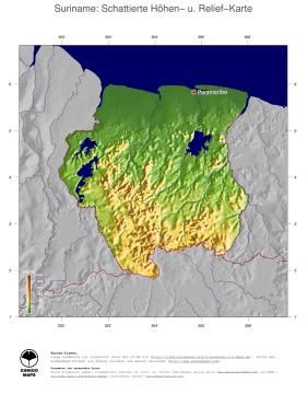 Karte: Landkarte Suriname (Staatsgrenzen und Hauptstadt): farbkodierte Topographie, schattiertes Relief