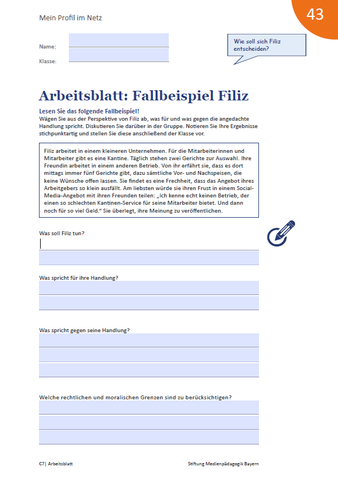 Arbeitsblatt: Mein Profil im Netz - Arbeitsblatt: Fallbeispiel Filiz