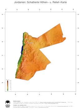 Karte: Landkarte Jordanien (Staatsgrenzen und Hauptstadt): farbkodierte Topographie, schattiertes Relief