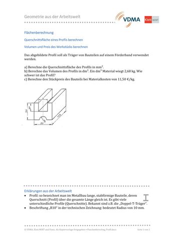 Arbeitsblatt: Flächenberechnung | Querschnittsfläche, Volumen und Preis des Werkstücks berechnen (PDF)