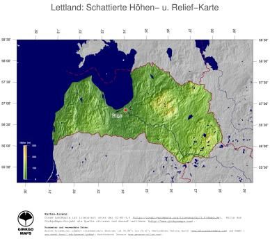 Karte: Landkarte Lettland (Staatsgrenzen und Hauptstadt): farbkodierte Topographie, schattiertes Relief