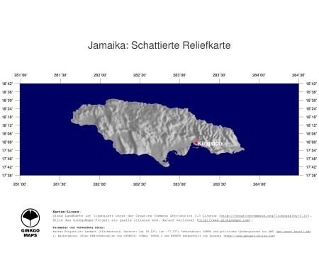 Karte: Landkarte Jamaika (Staatsgrenzen und Hauptstadt): schattiertes Relief