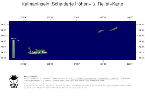 Karte: Landkarte Kaimaninseln (Staatsgrenzen und Hauptstadt): farbkodierte Topographie, schattiertes Relief