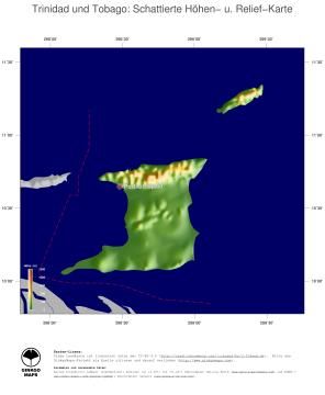Karte: Landkarte Trinidad und Tobago (Staatsgrenzen und Hauptstadt): farbkodierte Topographie, schattiertes Relief