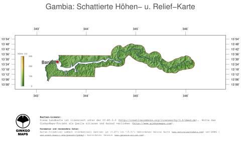 Karte: Landkarte Gambia (Staatsgrenzen und Hauptstadt): farbkodierte Topographie, schattiertes Relief