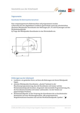 Arbeitsblatt: Trigonometrie | Koordinaten für Bohrmaschine berechnen (PDF)