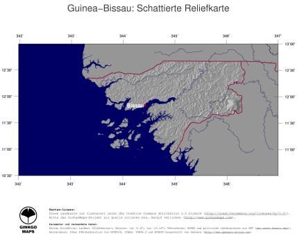 Karte: Landkarte Guinea Bissau (Staatsgrenzen und Hauptstadt): schattiertes Relief