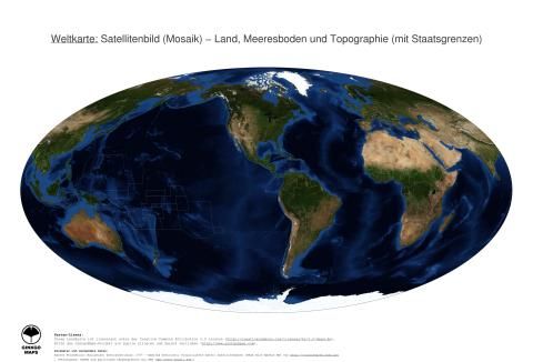 Karte: Weltkarte (Land, Meeresboden und Topographie (mit Staatsgrenzen))