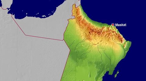 Karte: Landkarte Oman (Staatsgrenzen und Hauptstadt): farbkodierte Topographie, schattiertes Relief