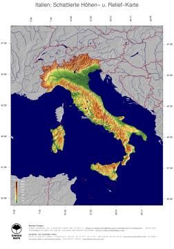 Karte: Landkarte Italien (Staatsgrenzen und Hauptstadt): farbkodierte Topographie, schattiertes Relief