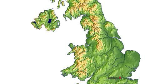 Karte: Landkarte Grossbritannien und Nordirland (Staatsgrenzen und Hauptstadt): farbkodierte Topographie, schattiertes Relief