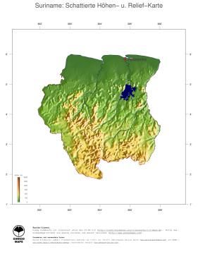Karte: Landkarte Suriname (Staatsgrenzen und Hauptstadt): farbkodierte Topographie, schattiertes Relief