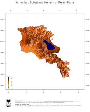 Karte: Landkarte Armenien (Staatsgrenzen und Hauptstadt): farbkodierte Topographie, schattiertes Relief